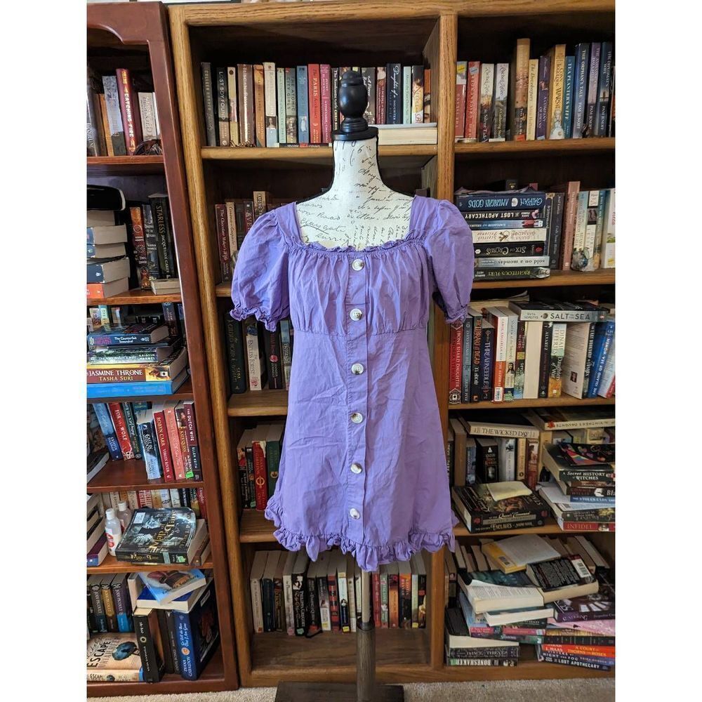 Purple babydoll puff sleeve button front ruffled hem dress sz xl runs large
